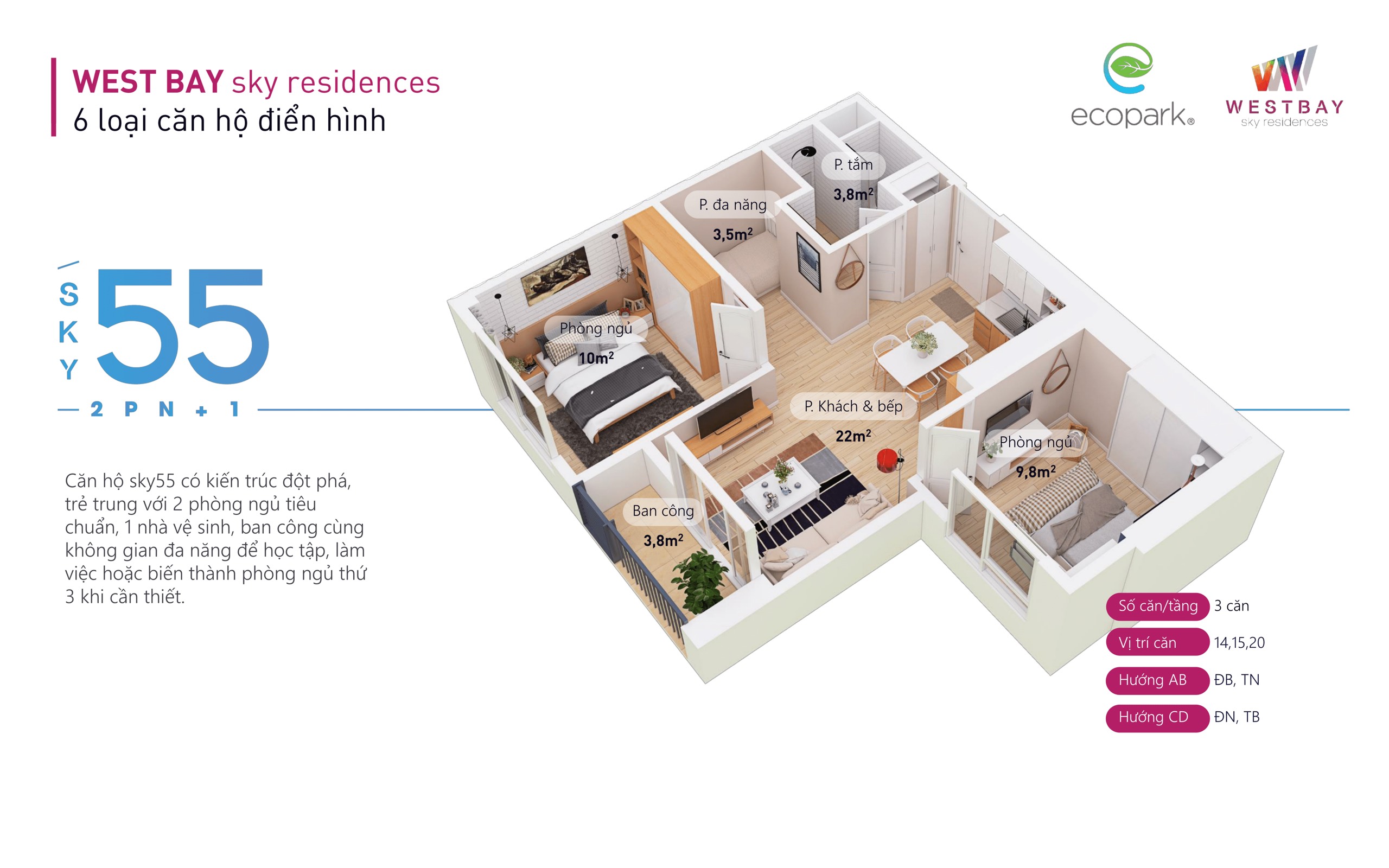 Cho thuê căn hộ 55 m2 - Westbay Ecoaprk - 6 triệu